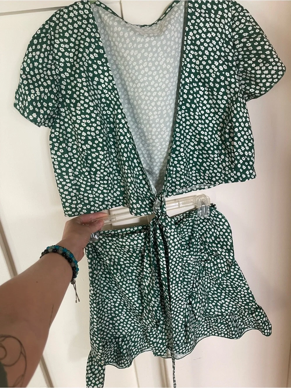 Green Floral Wrap Around Tie Two-Piece Set